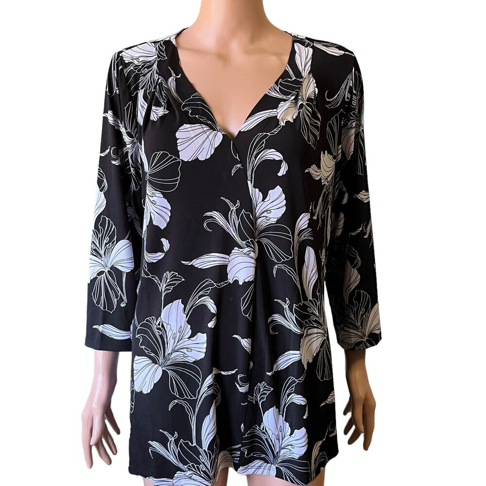 Lane Bryant Blouse 14/16 Tropical Vee Neck Coastal Resort Cruise Dark Fairy